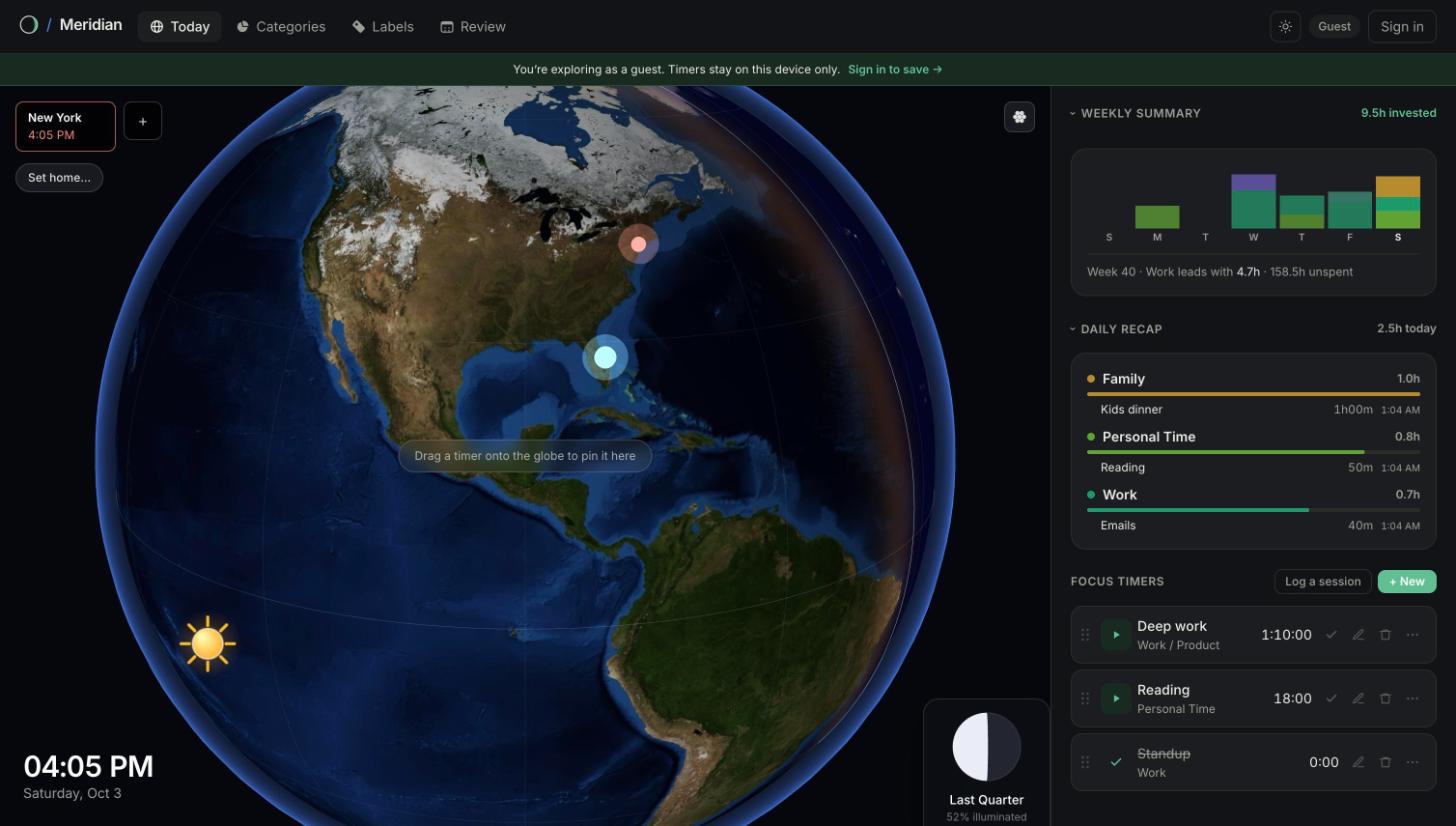 Meridian's live globe with weekly summary and focus timers