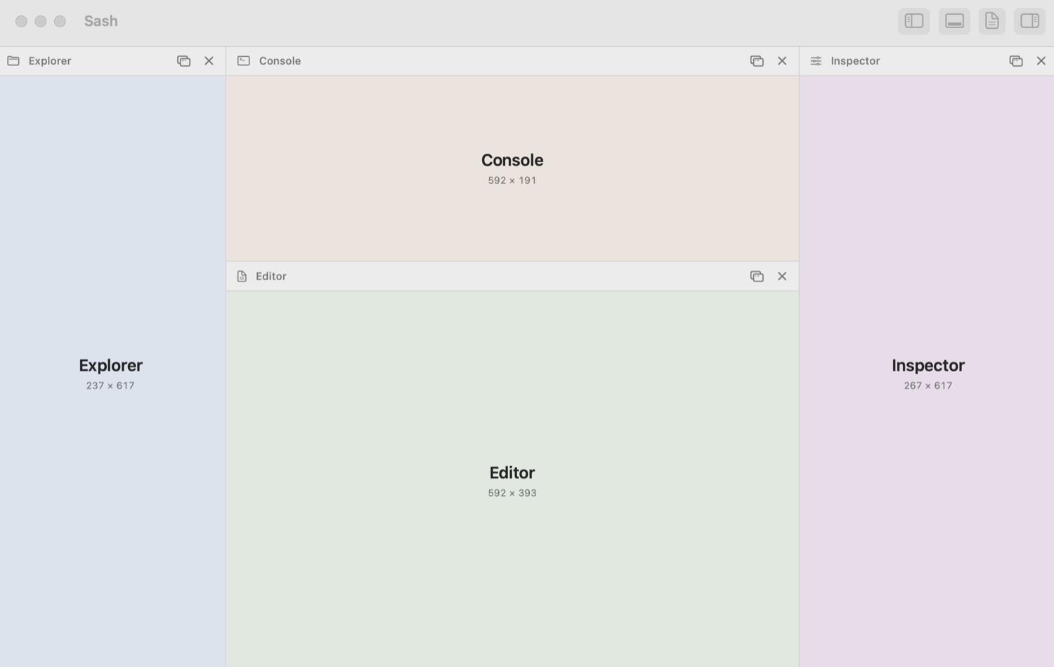 Sash's demo window with explorer, console, editor and inspector panes